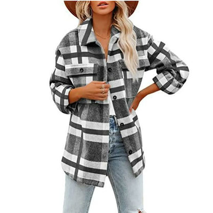 Oversized Dames Wollen Jas met Ruitpatroon en Zakken