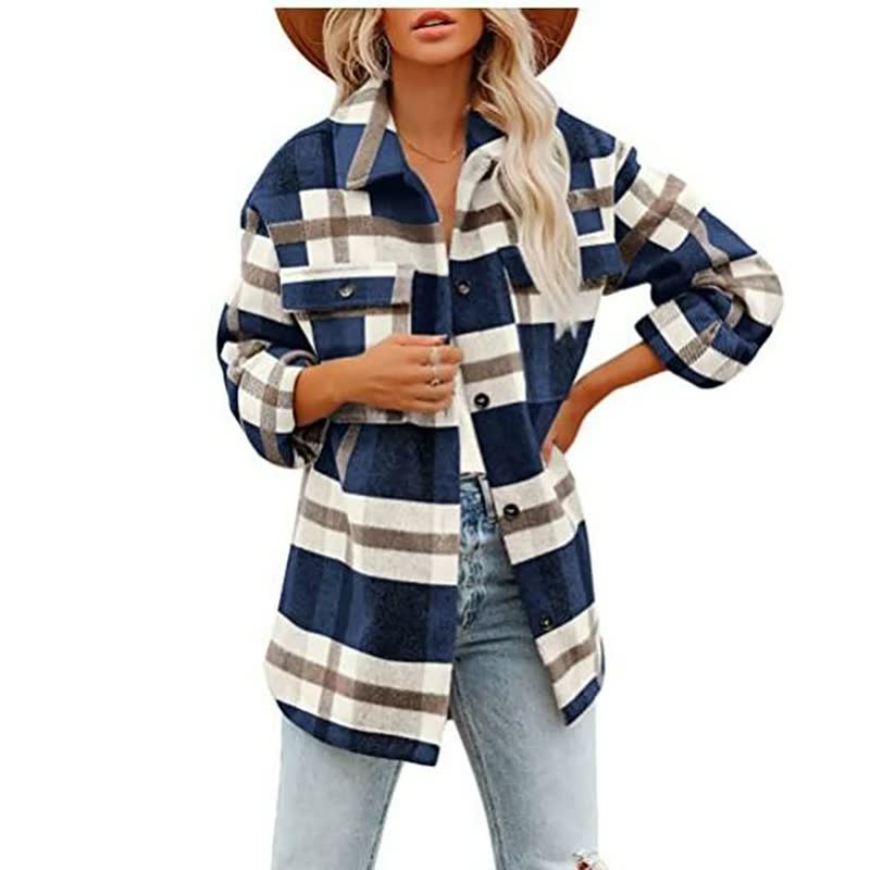 Oversized Dames Wollen Jas met Ruitpatroon en Zakken