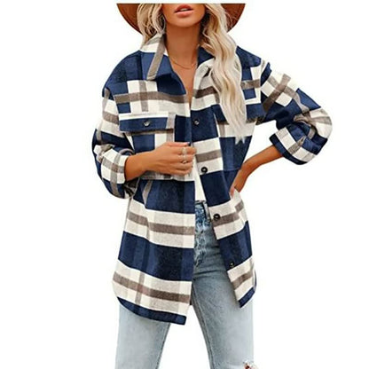 Oversized Dames Wollen Jas met Ruitpatroon en Zakken