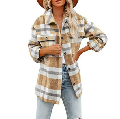 Oversized Dames Wollen Jas met Ruitpatroon en Zakken