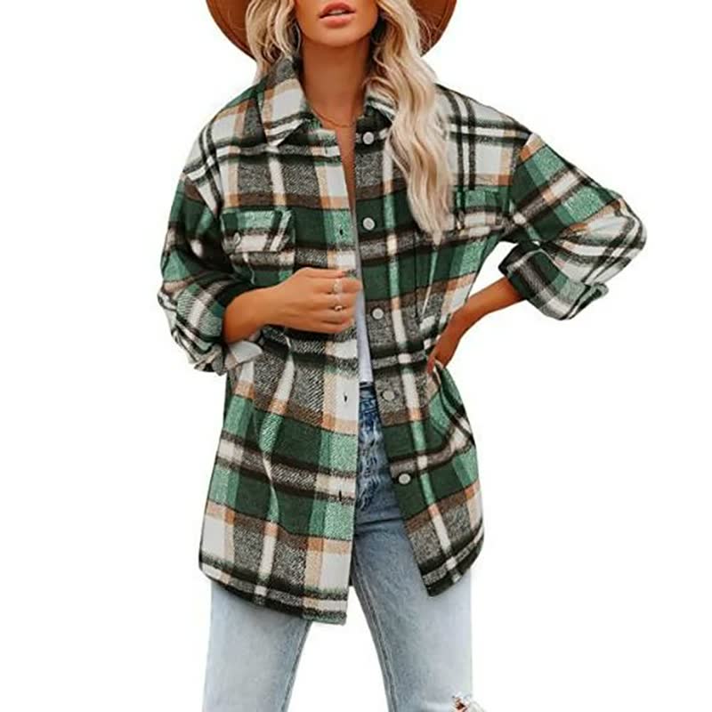 Oversized Dames Wollen Jas met Ruitpatroon en Zakken