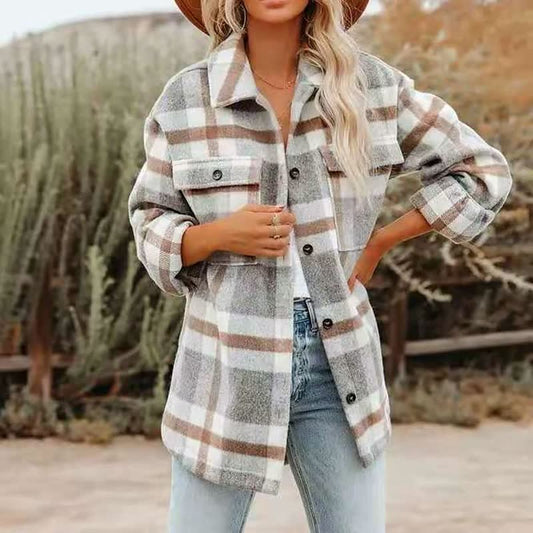 Oversized Dames Wollen Jas met Ruitpatroon en Zakken