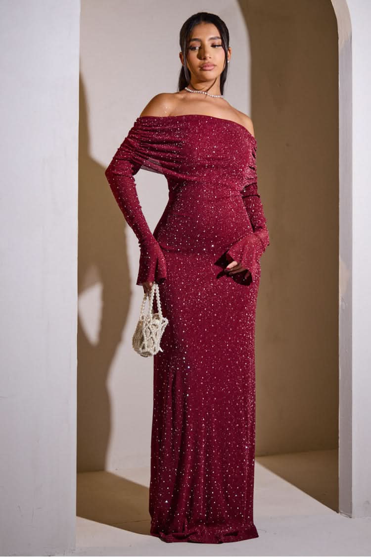 Chique Glitter Dames Maxi Jurk met Off-Shoulder Hals en Lange Mouwen