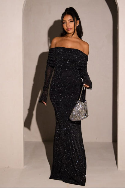 Chique Glitter Dames Maxi Jurk met Off-Shoulder Hals en Lange Mouwen