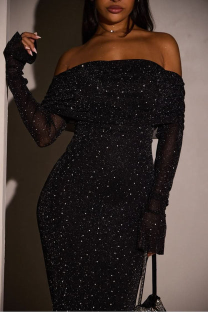Chique Glitter Dames Maxi Jurk met Off-Shoulder Hals en Lange Mouwen