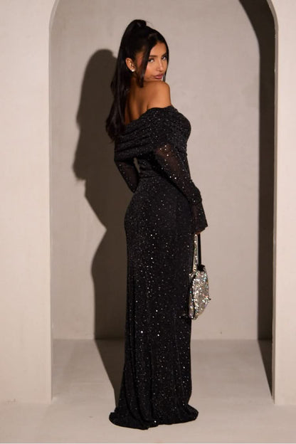 Chique Glitter Dames Maxi Jurk met Off-Shoulder Hals en Lange Mouwen