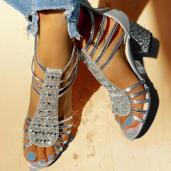 Elegante Glitter Dames Sandalen Met Blokhak En Open Teen