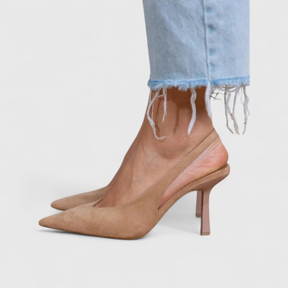 Spitse Suède Dames Slingback Pumps met Hak en Gepolsterd Voetbed