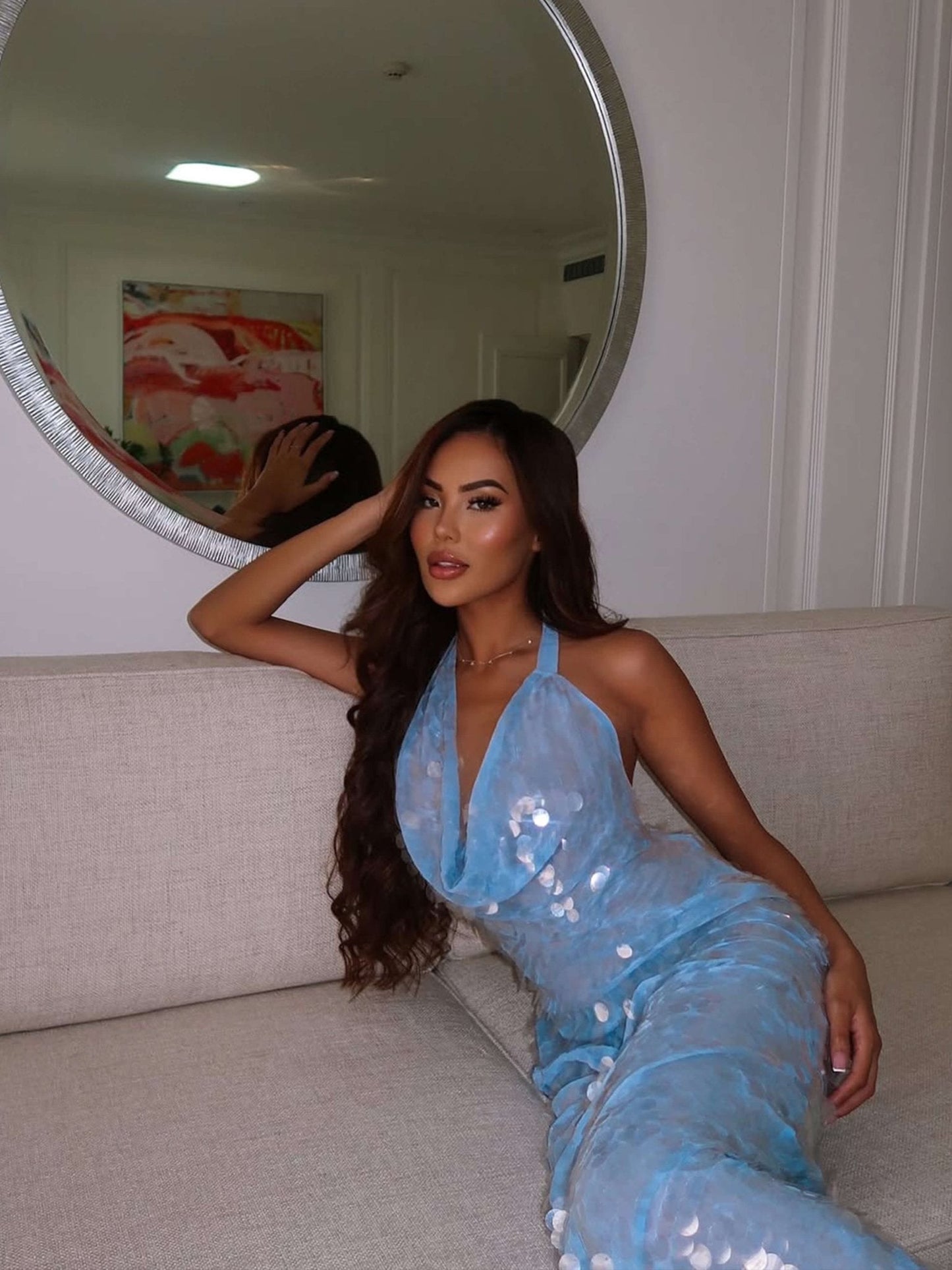 Blauw Pailletten Maxi Jurk voor Dames met Halternek