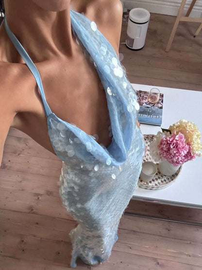 Blauw Pailletten Maxi Jurk voor Dames met Halternek