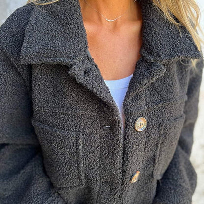 Trendy Zachte Dames Teddy Herfstjas met Knopen en Zakken