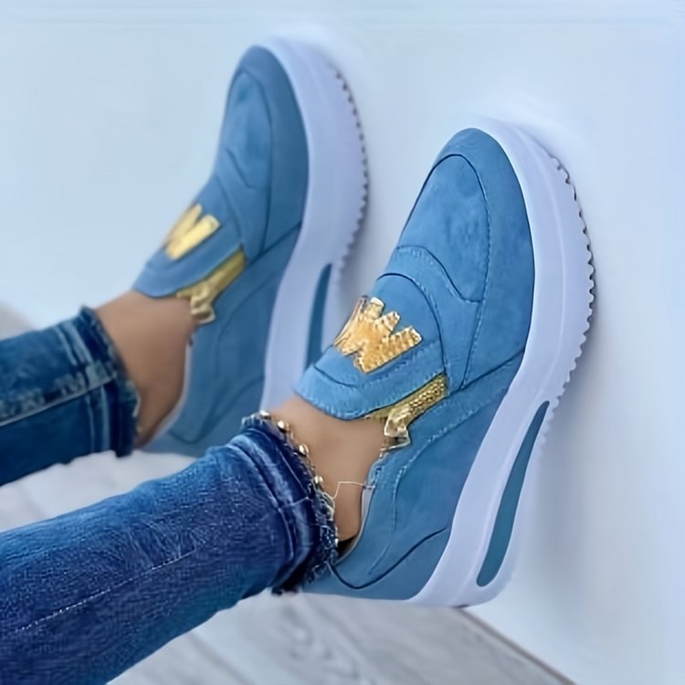 Margy|Baskets slip-on femme avec fermeture éclair dorée et semelle surélevée