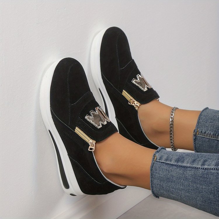 Margy|Baskets slip-on femme avec fermeture éclair dorée et semelle surélevée