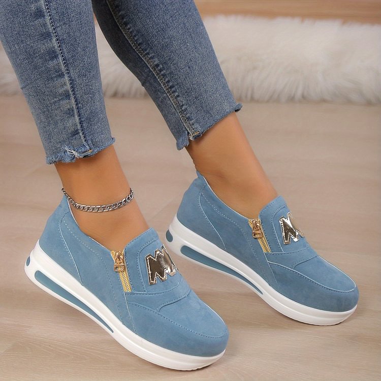 Margy|Baskets slip-on femme avec fermeture éclair dorée et semelle surélevée
