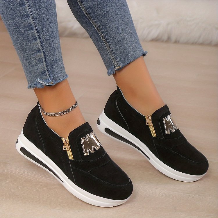 Margy|Baskets slip-on femme avec fermeture éclair dorée et semelle surélevée