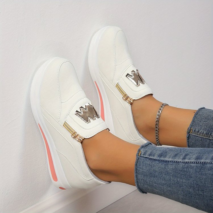 Margy|Baskets slip-on femme avec fermeture éclair dorée et semelle surélevée
