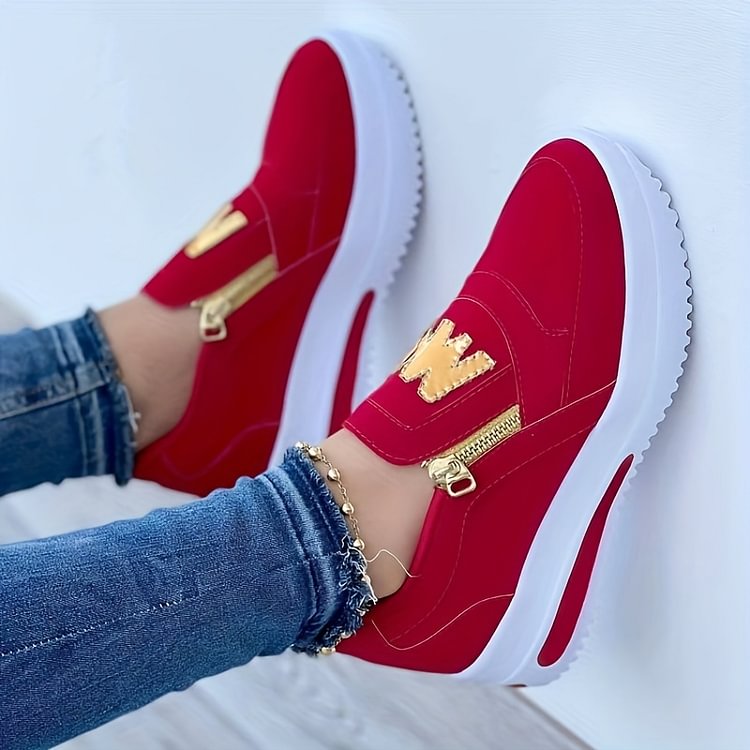 Margy|Baskets slip-on femme avec fermeture éclair dorée et semelle surélevée