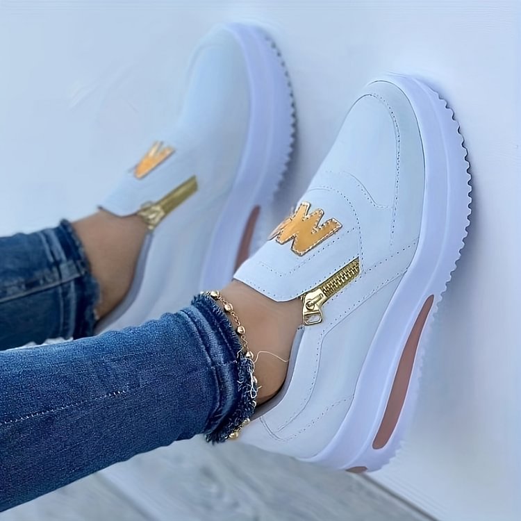 Margy|Baskets slip-on femme avec fermeture éclair dorée et semelle surélevée