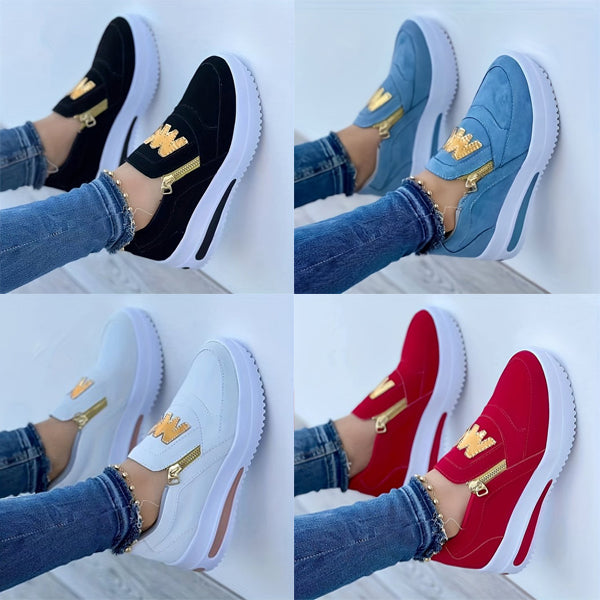 Margy|Baskets slip-on femme avec fermeture éclair dorée et semelle surélevée