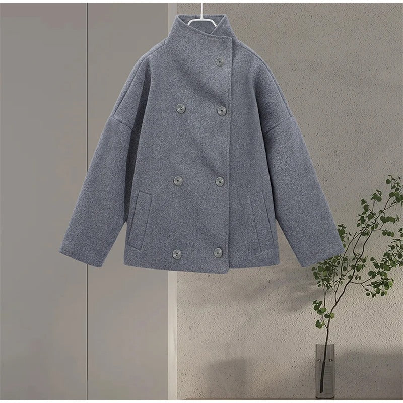 Women's Wool Blend Coat with High Collar and Buttons