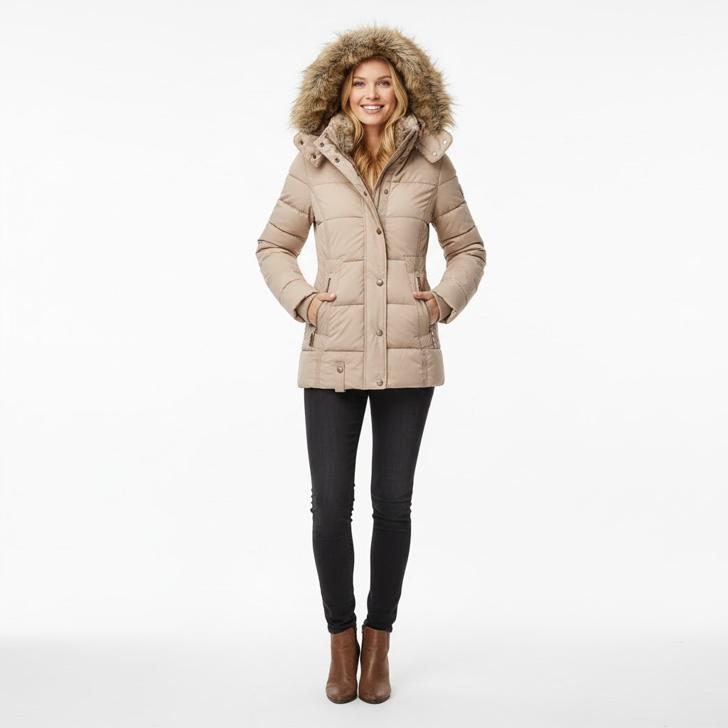 Gewatteerde Dames Winterjas met Afneembare Bont Capuchon en Rits