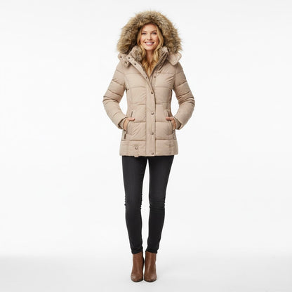 Gewatteerde Dames Winterjas met Afneembare Bont Capuchon en Rits