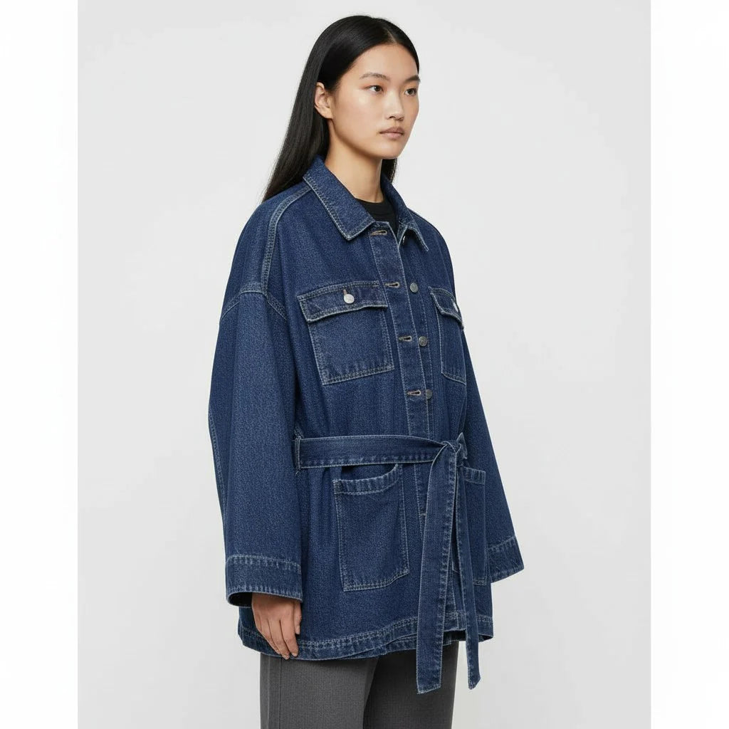 Lange Trendy Denim Jas Dames met Ceintuur en Zakken