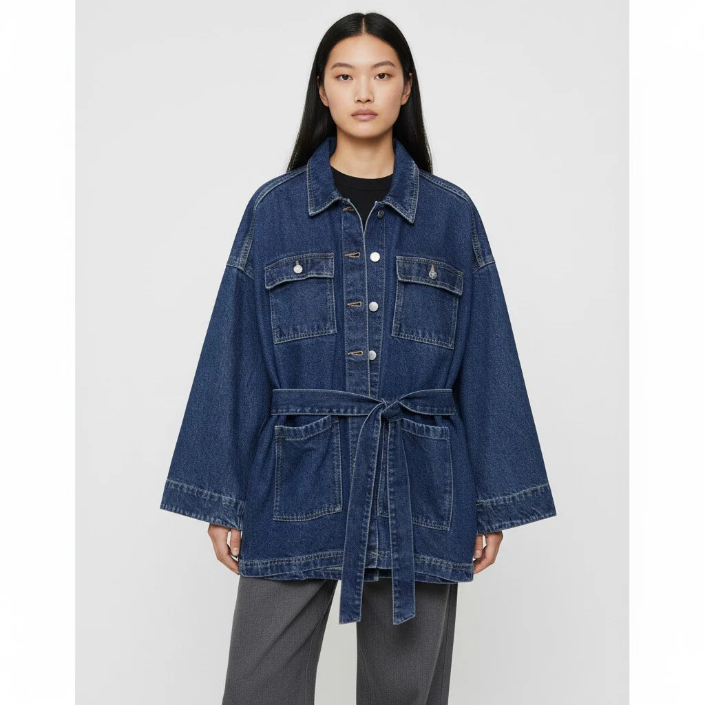 Lange Trendy Denim Jas Dames met Ceintuur en Zakken