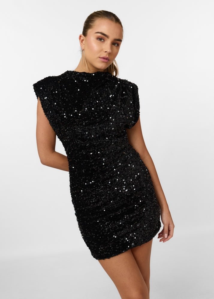 VIVIANA | Pailletten Mini Jurk met Schoudervulling – Glamoureus & Krachtig - De Mode Outlet