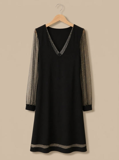 Glinsterende Dames Mini Jurk met Mesh Mouwen en Diepe V-Hals