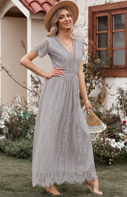 Paley | Romantische Kant Maxi Jurk met V-Hals