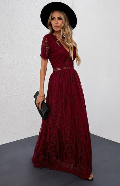 Paley | Romantische Kant Maxi Jurk met V-Hals
