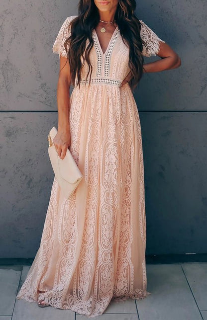 Paley | Romantische Kant Maxi Jurk met V-Hals