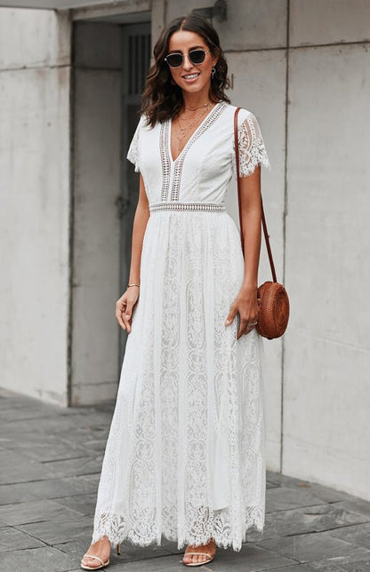 Paley | Romantische Kant Maxi Jurk met V-Hals