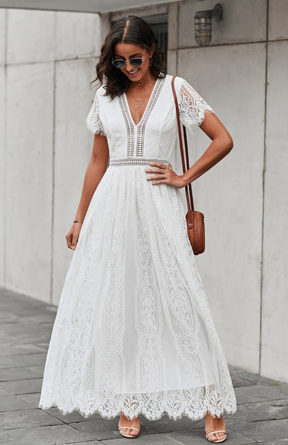 Paley | Romantische Kant Maxi Jurk met V-Hals