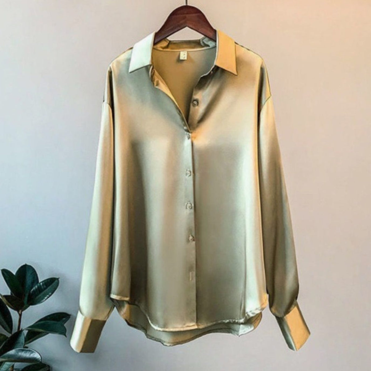Women's Loose-Fit Button-Down Satin Blouses Long Sleeve Shirt - Olive Green