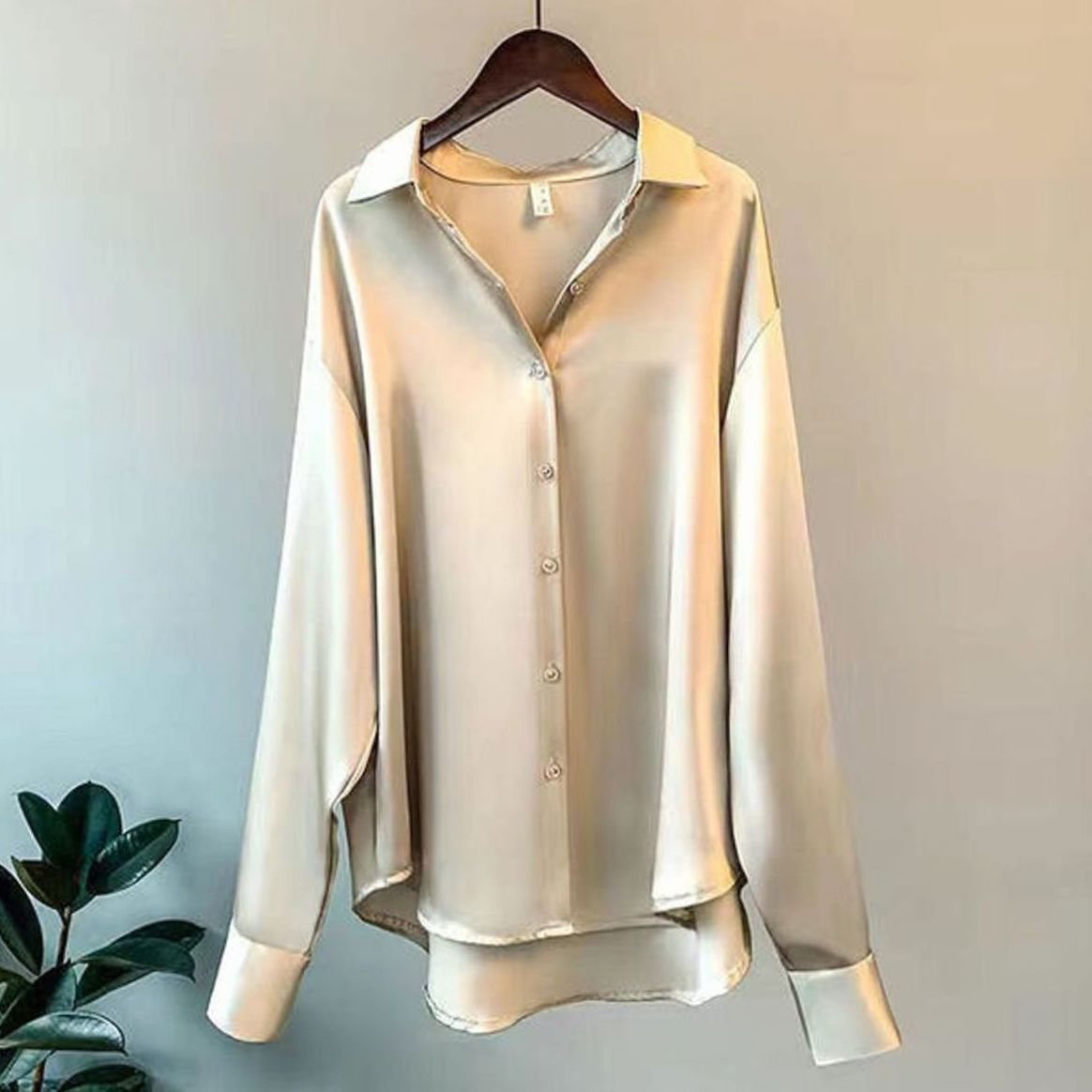 Women's Loose-Fit Button-Down Satin Blouses Long Sleeve Shirt - Beige