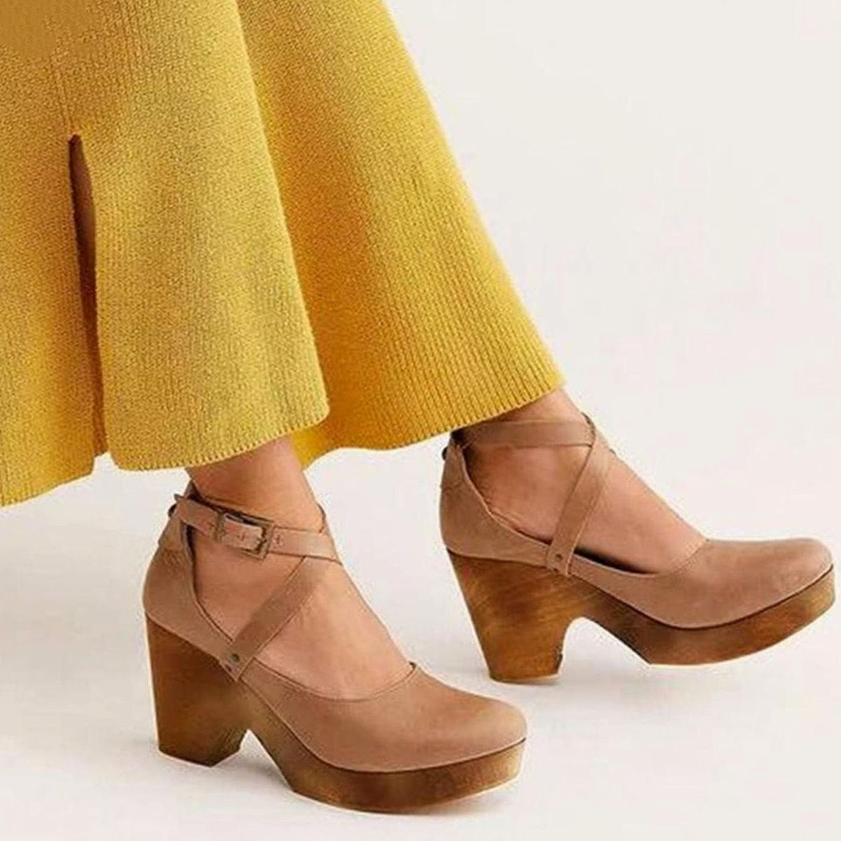 Women's Vintage Cross-Strap Block-Heel Mary Jane Pumps - Khaki